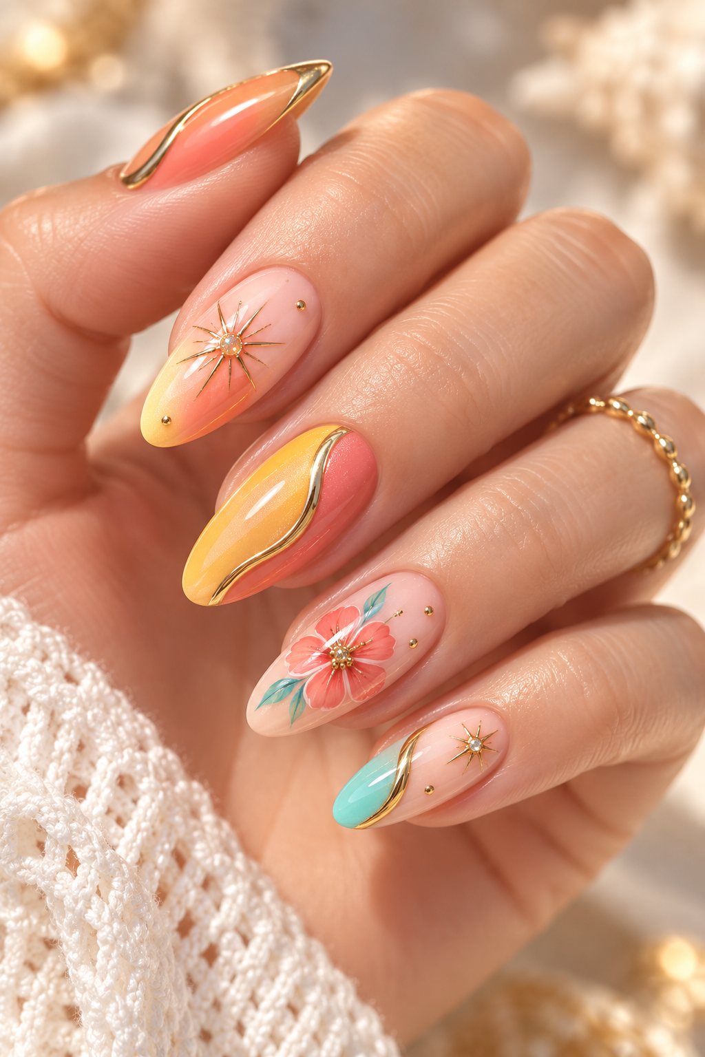 Golden Celestial Tips summer almond nail idea