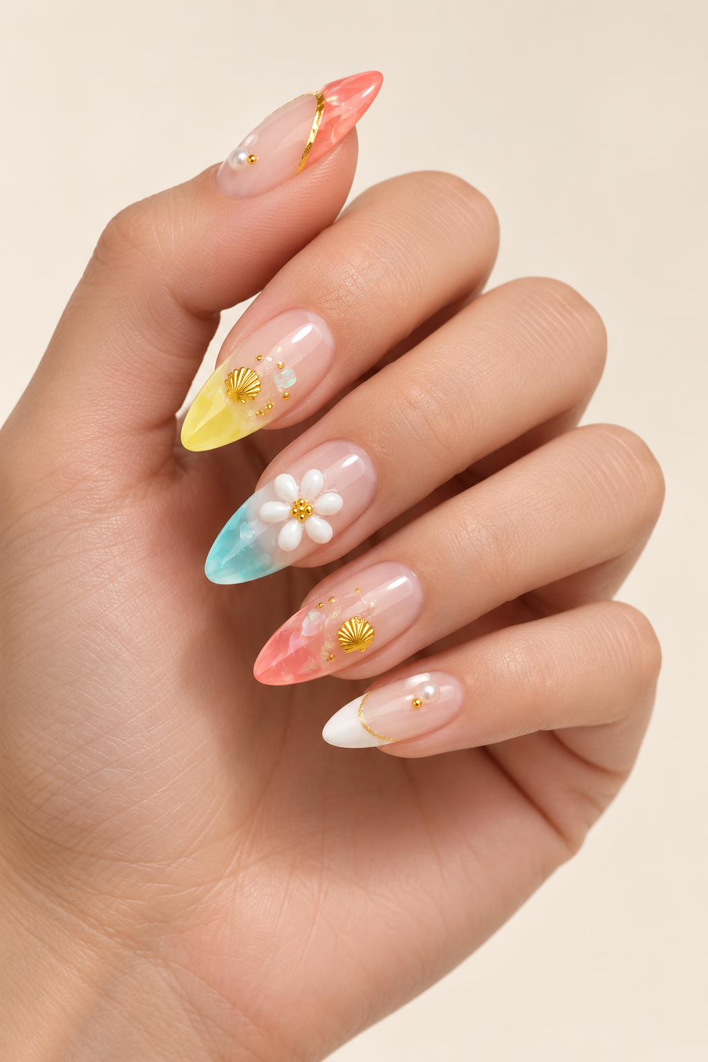 Floral Coastal Almonds summer almond nail idea