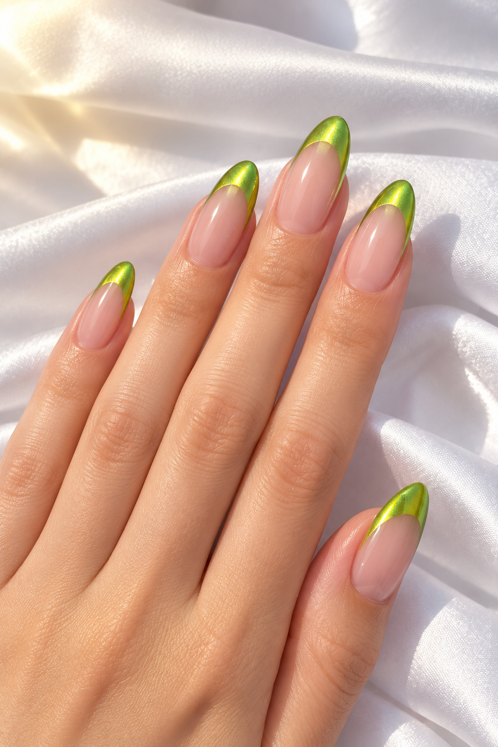 Metallic Lime Tips summer almond nail idea