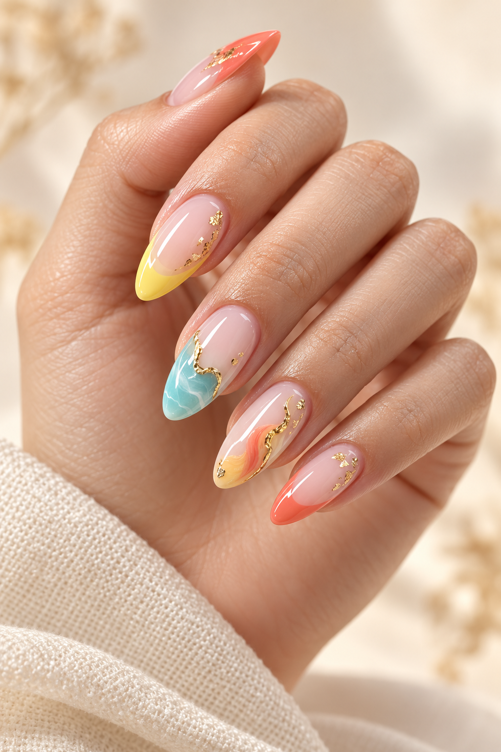 Blue Ocean Rose Almonds summer almond nail idea