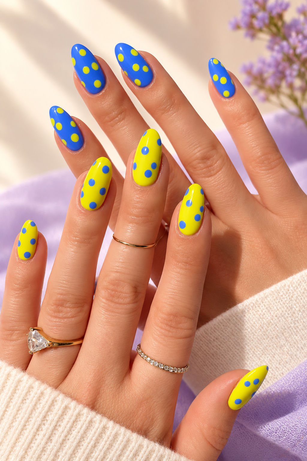 Blue and Yellow Polka Dots summer almond nail idea