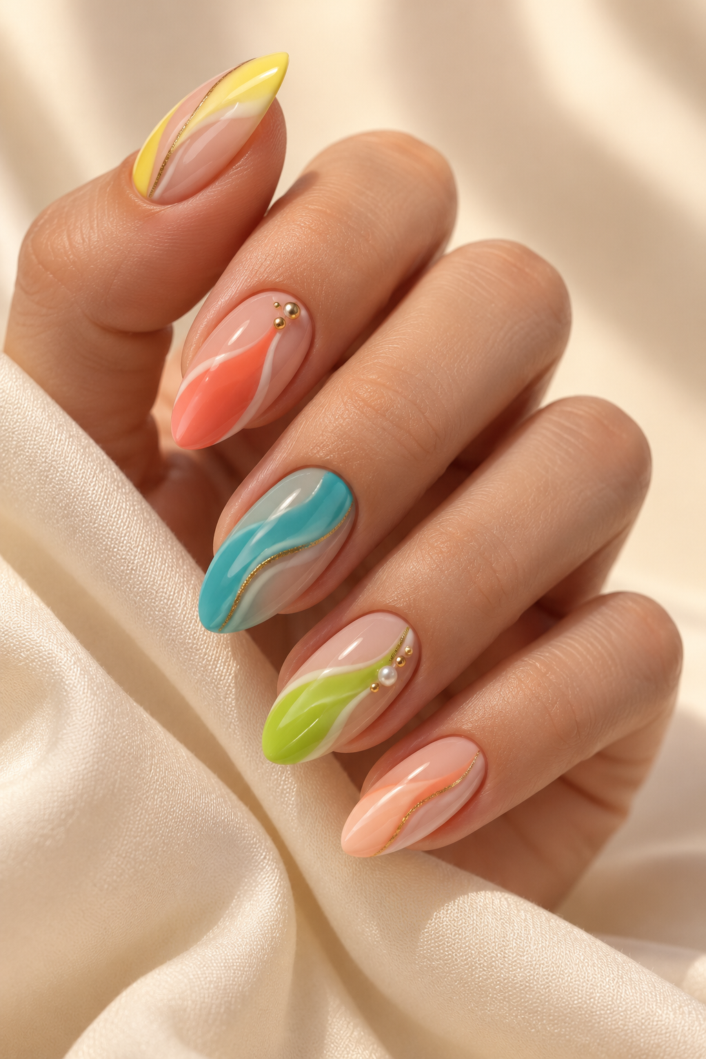 Abstract Mossy Almonds summer almond nail idea