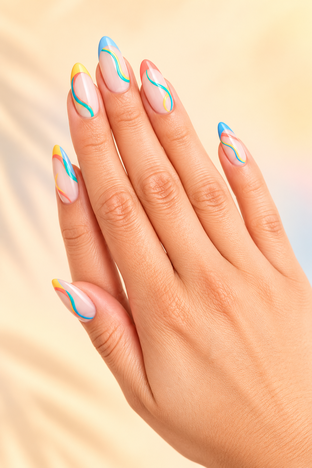 Electric Blue Chrome Waves summer almond nail idea