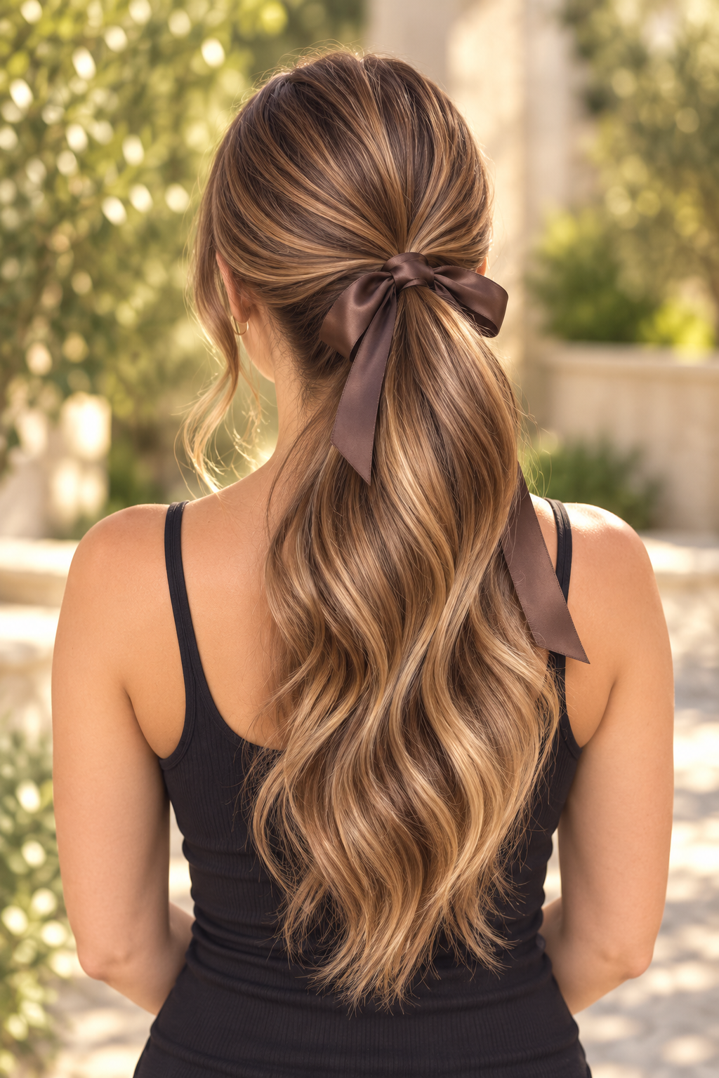 Polished Brunette Ponytail With Ribbon Detail brunette summer hair color idea