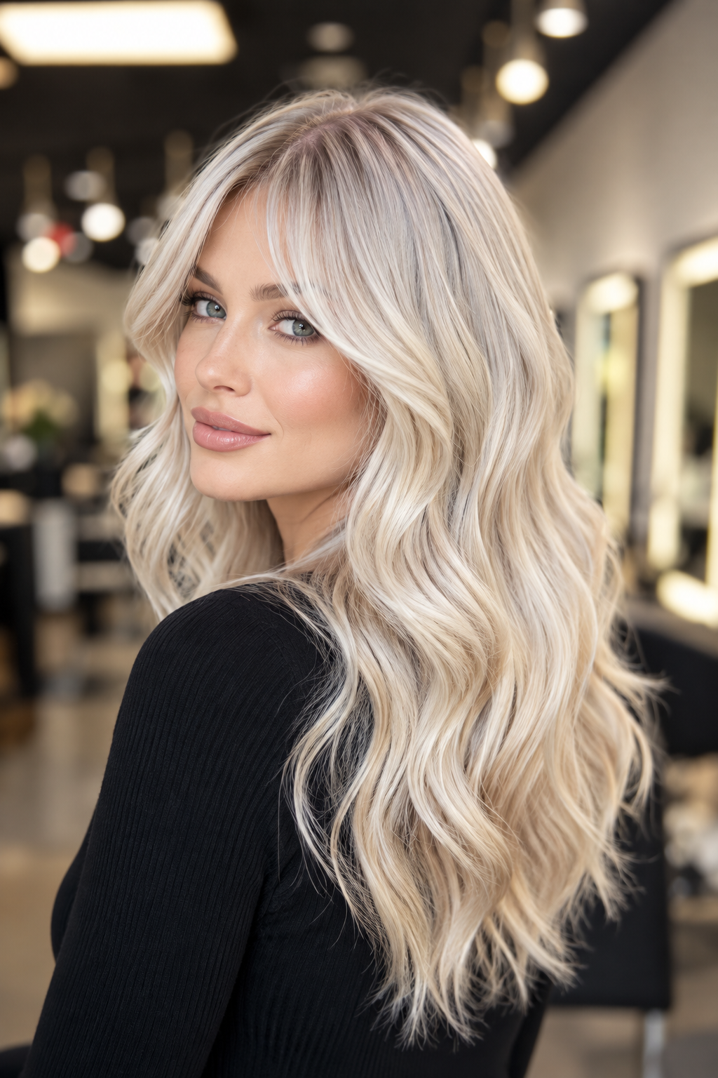 platinum blonde hairstyle ideas: soft blonde curtain bangs