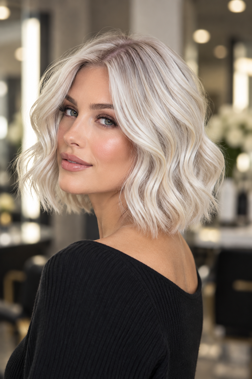platinum blonde hairstyle ideas: wavy platinum bob