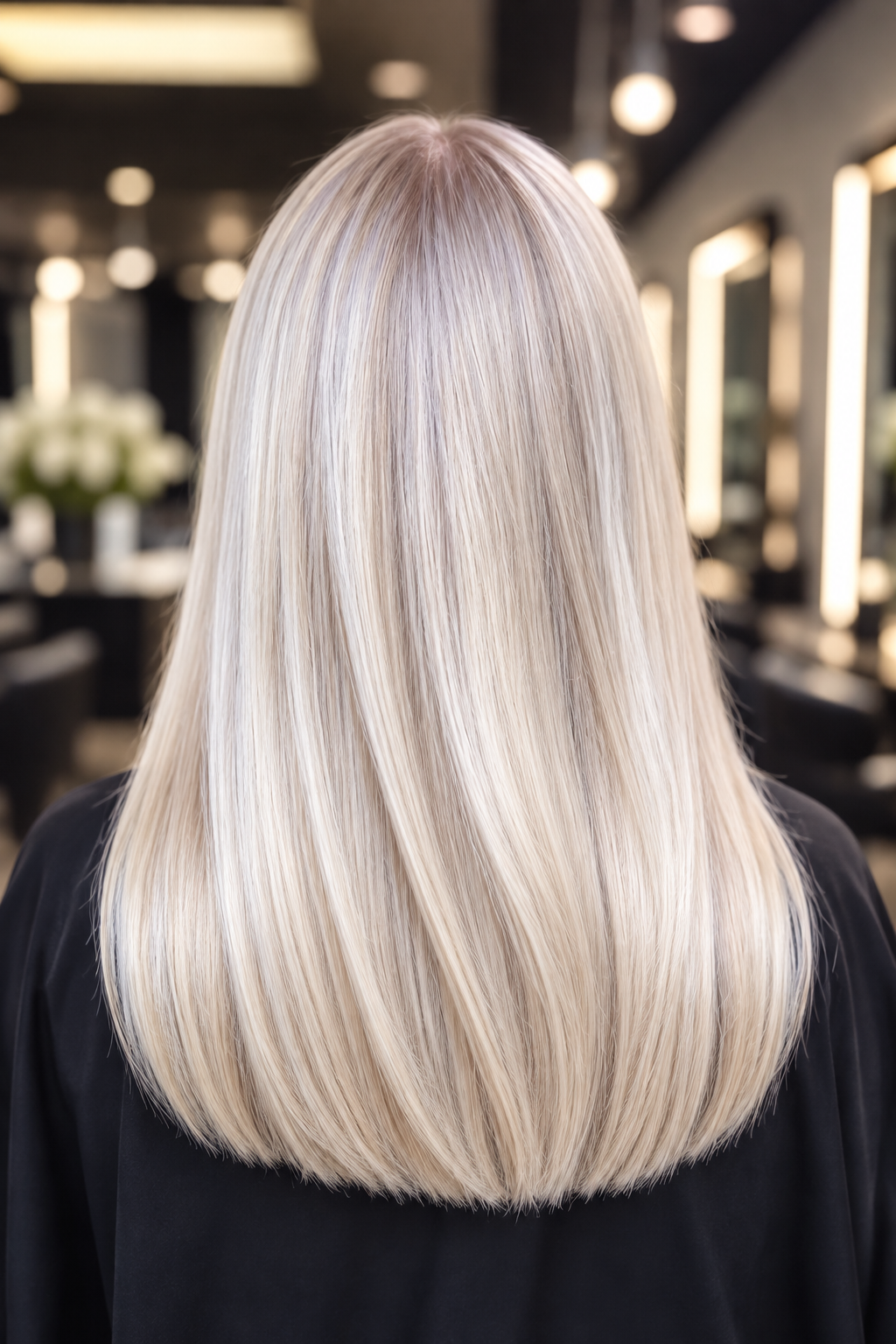 platinum blonde hairstyle ideas: glossy blonde straight cut