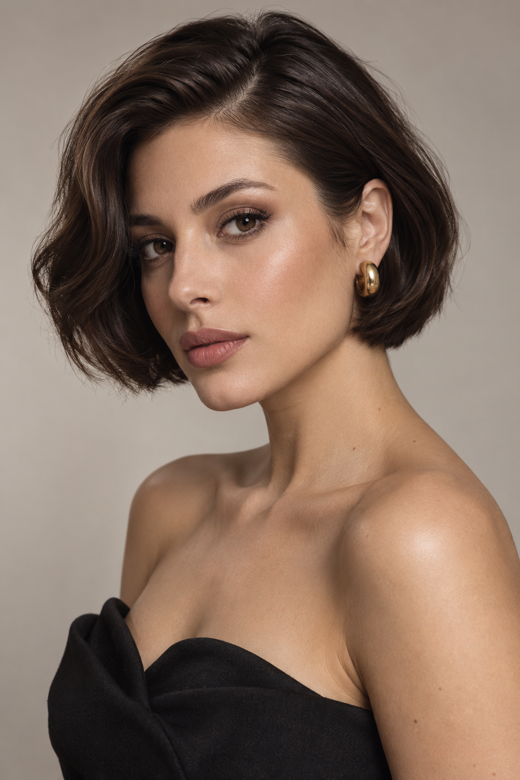 old money bob hairstyles: short side parted on dark brunette