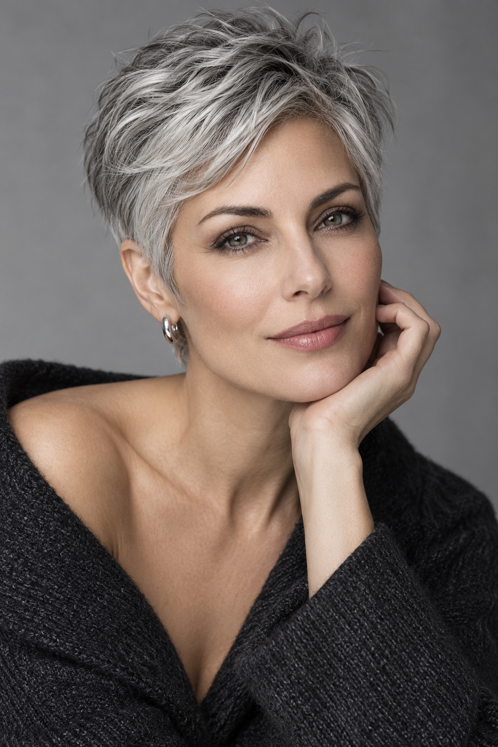 Gray Pixie Variation 1, one of 35 pixie styles for wavy or curly gray hair