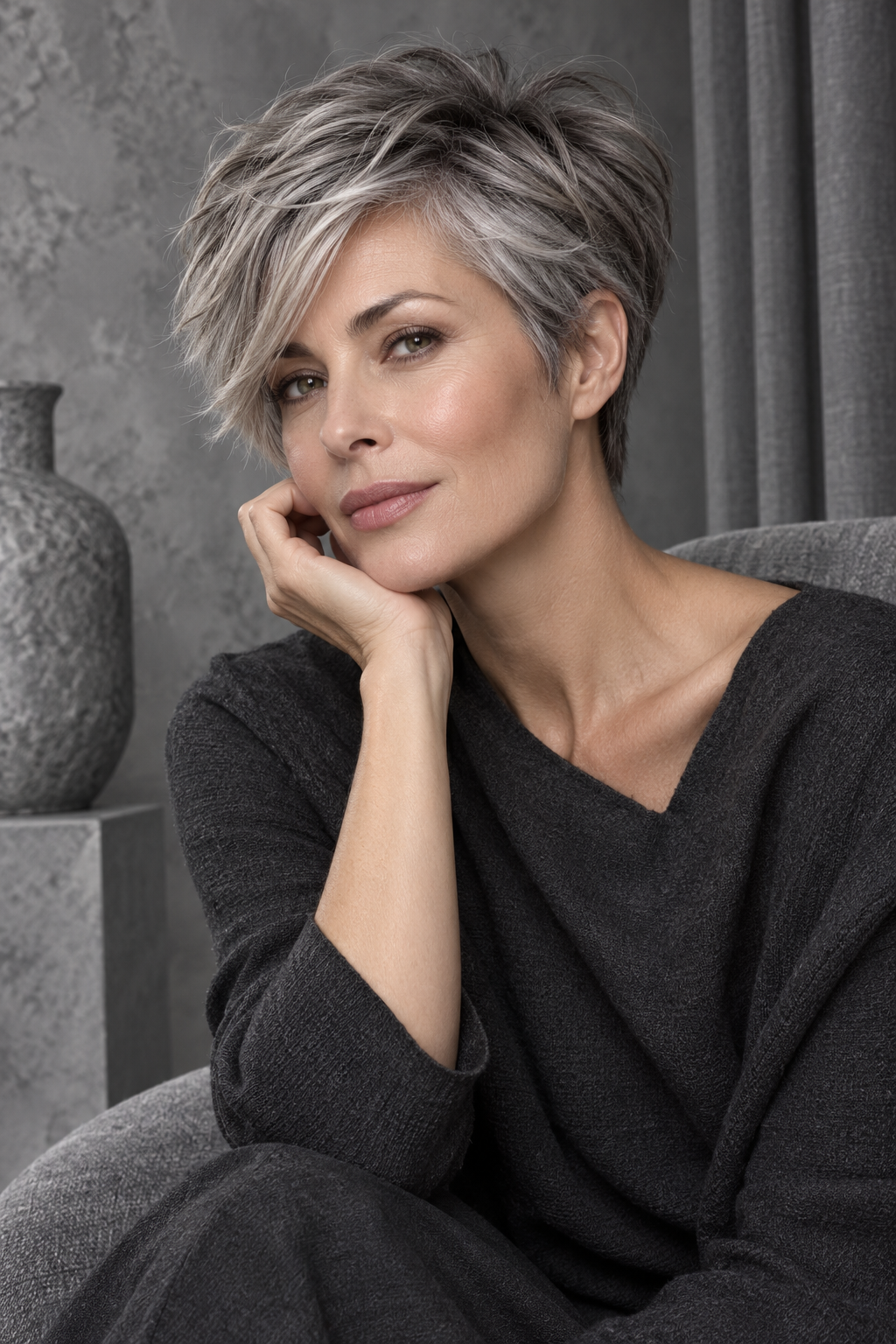Gray Pixie Variation 10, one of 35 pixie styles for wavy or curly gray hair