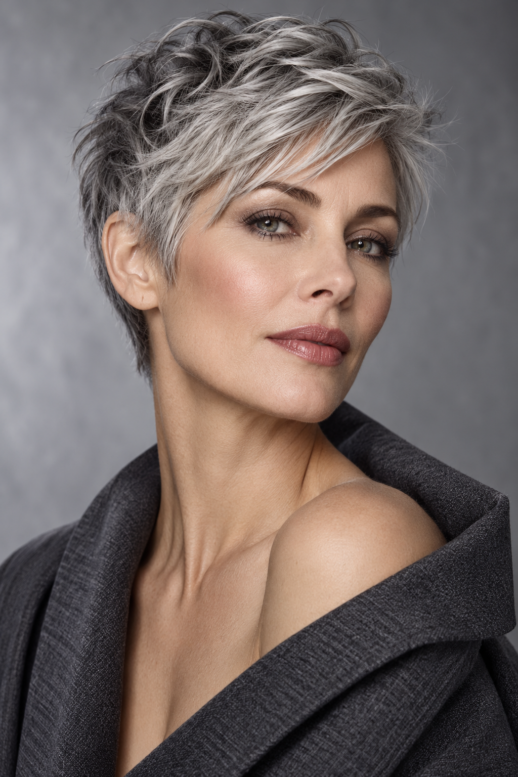 Gray Pixie Variation 13, one of 35 pixie styles for wavy or curly gray hair