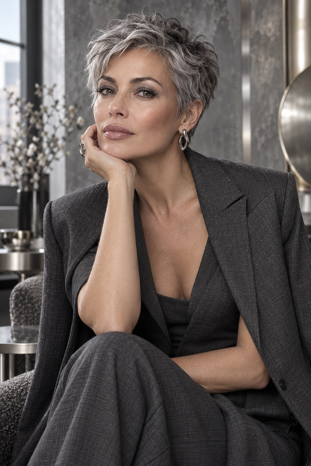 Gray Pixie Variation 17, one of 35 pixie styles for wavy or curly gray hair