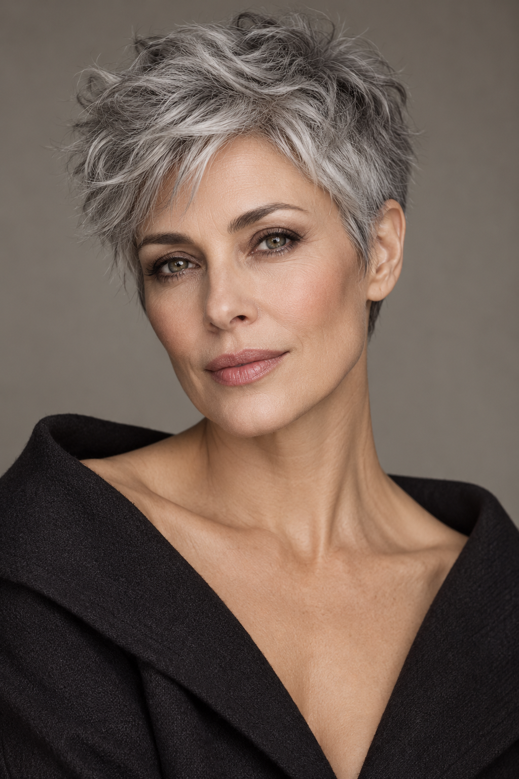 Gray Pixie Variation 18, one of 35 pixie styles for wavy or curly gray hair