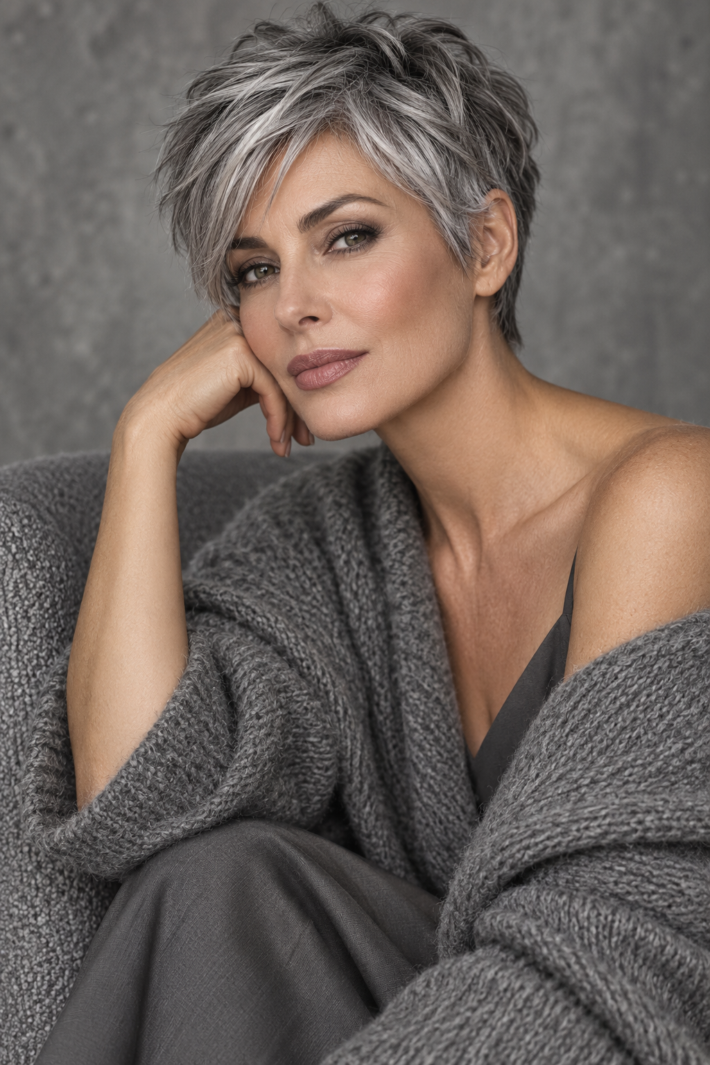 Gray Pixie Variation 19, one of 35 pixie styles for wavy or curly gray hair