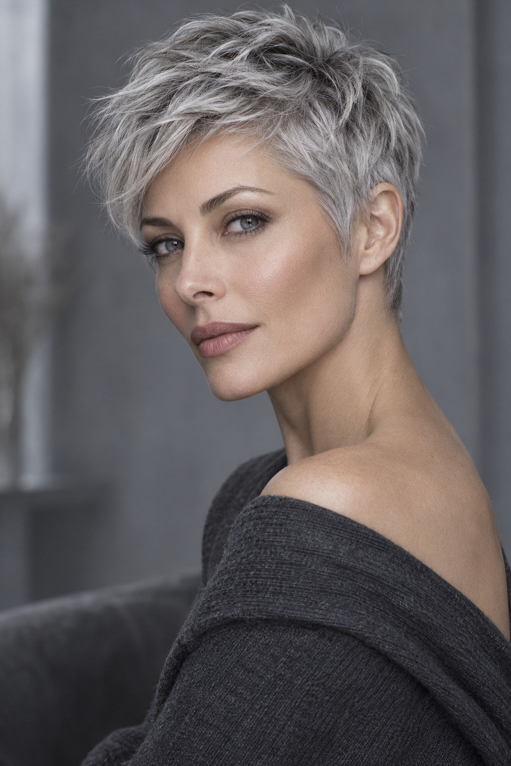 Gray Pixie Variation 20, one of 35 pixie styles for wavy or curly gray hair