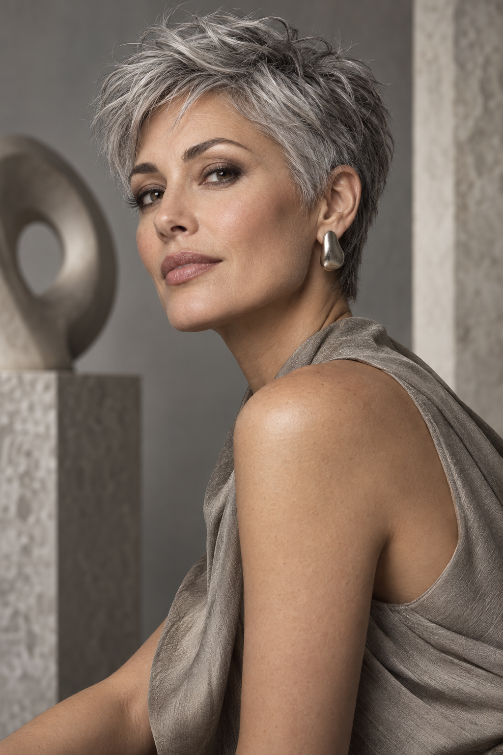 Gray Pixie Variation 21, one of 35 pixie styles for wavy or curly gray hair