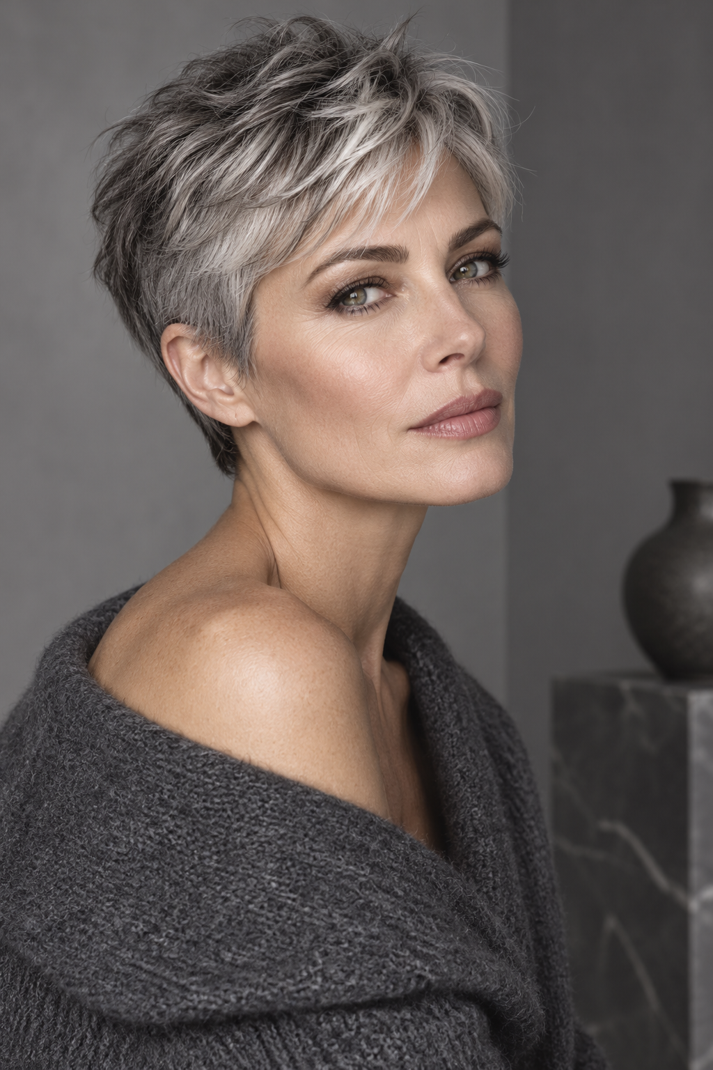 Gray Pixie Variation 23, one of 35 pixie styles for wavy or curly gray hair