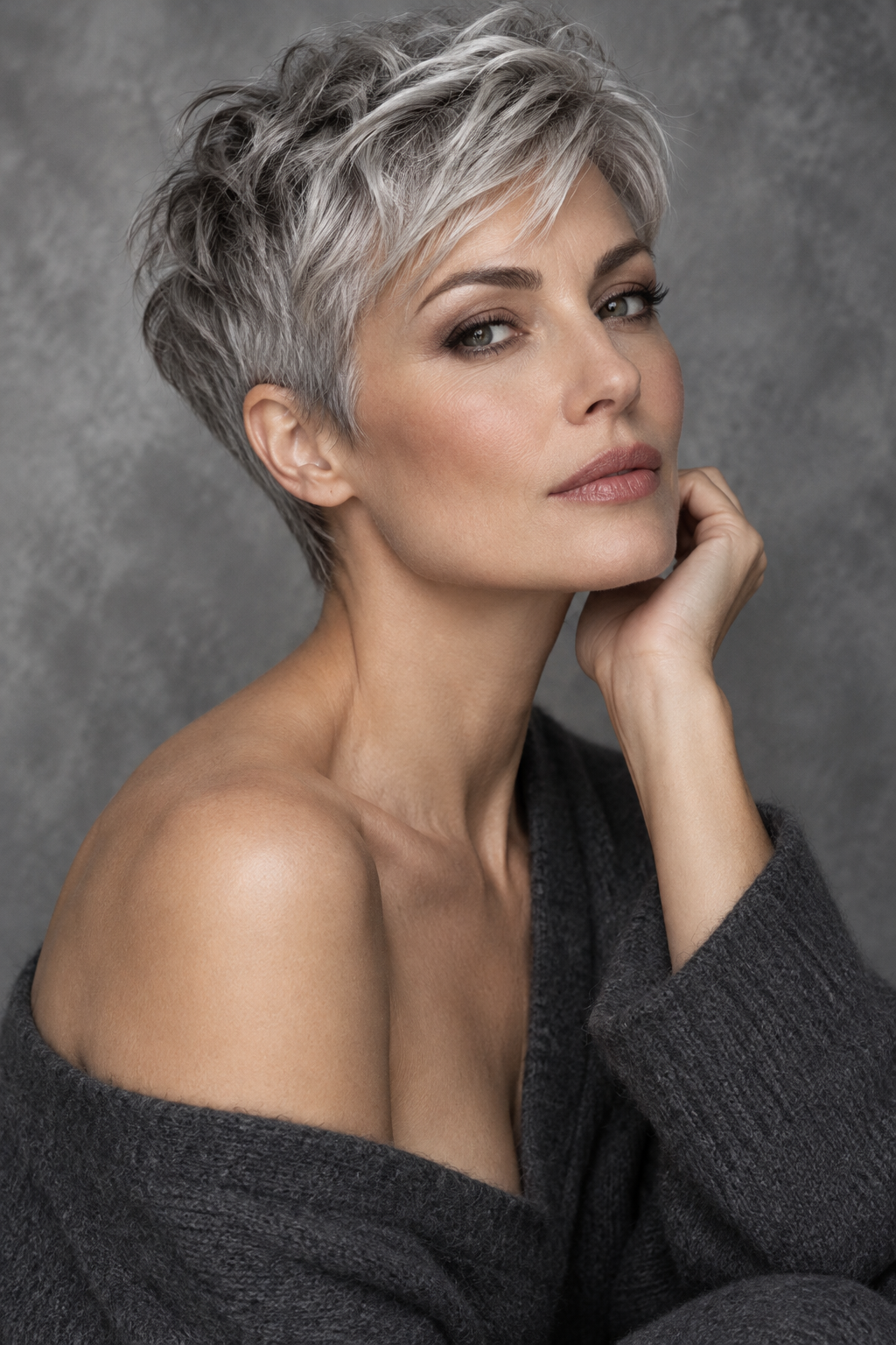 Gray Pixie Variation 25, one of 35 pixie styles for wavy or curly gray hair