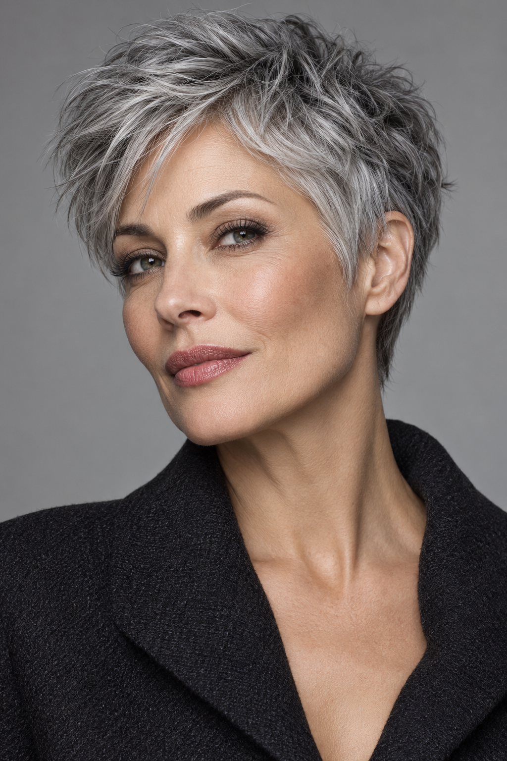 Gray Pixie Variation 26, one of 35 pixie styles for wavy or curly gray hair