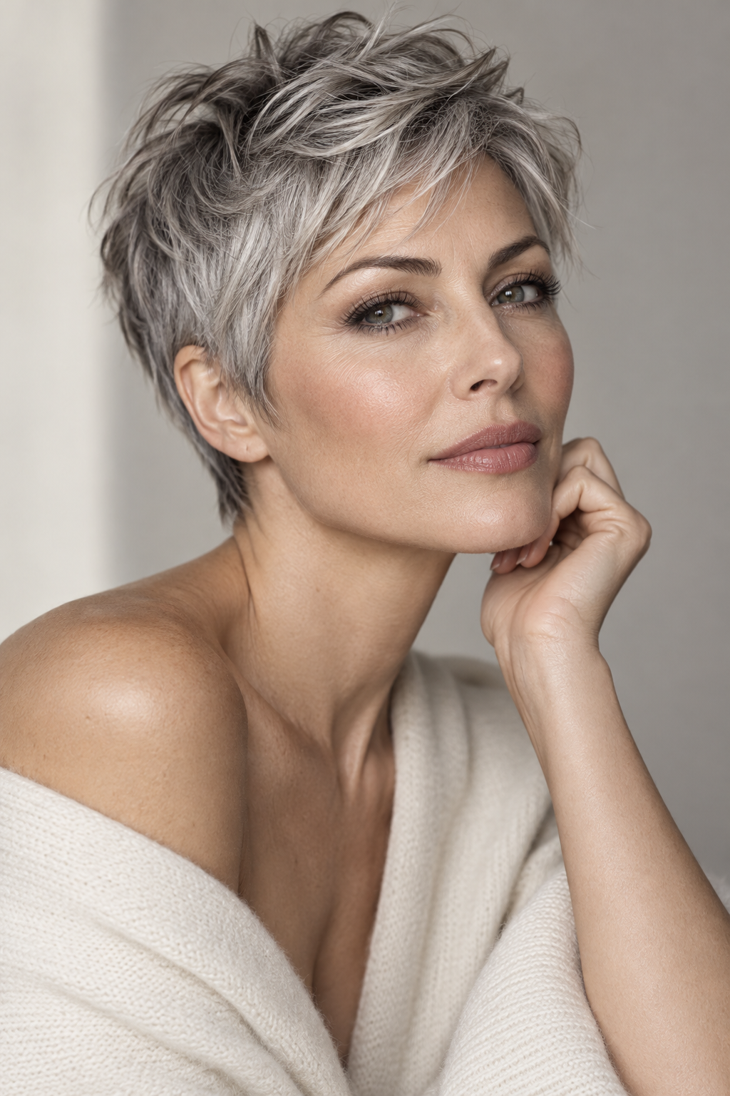 Gray Pixie Variation 30, one of 35 pixie styles for wavy or curly gray hair