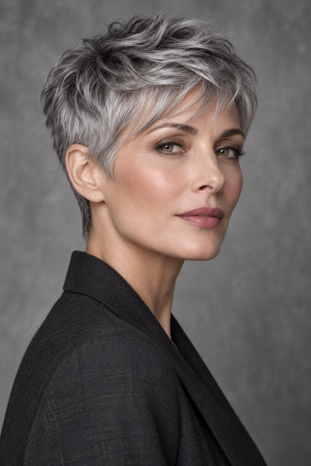 Gray Pixie Variation 32, one of 35 pixie styles for wavy or curly gray hair