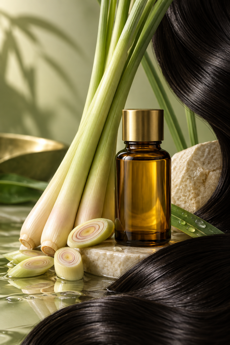 Lemongrass oil for hair growth beauty still life