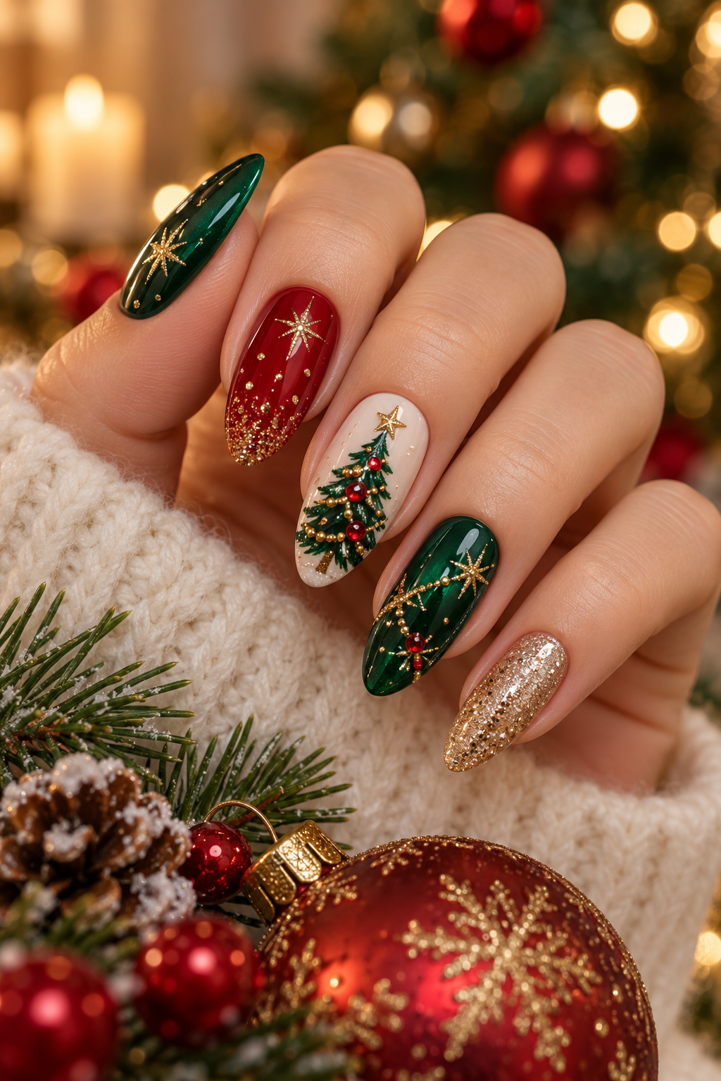 Ruby tree tips Christmas tree nails