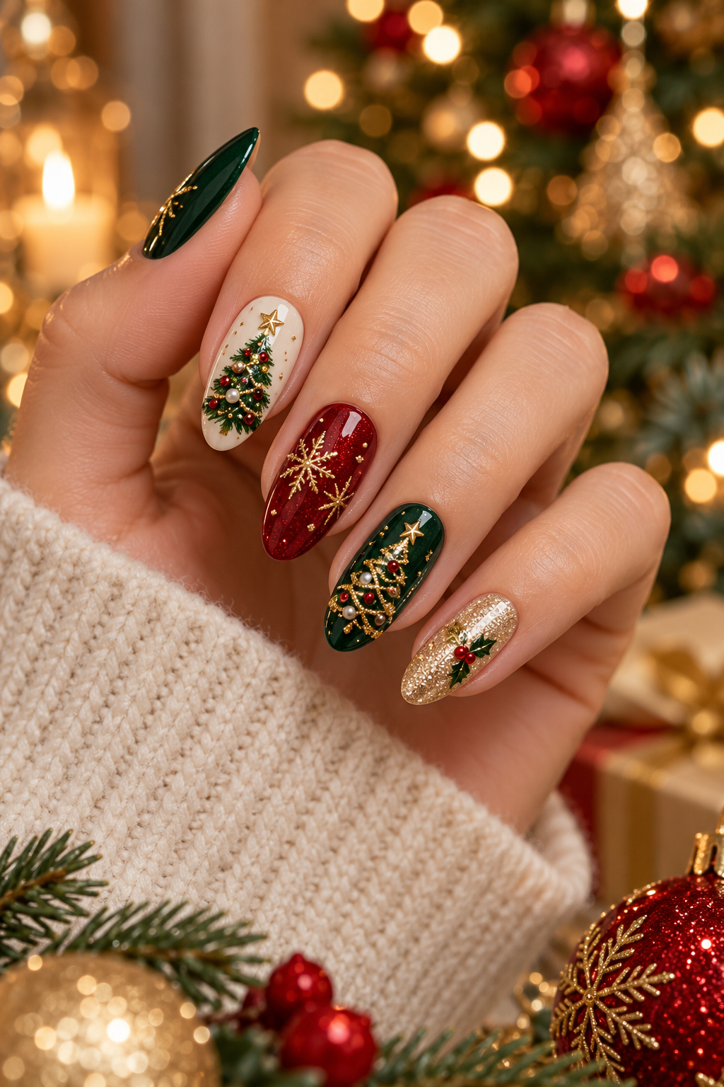 Gold garland lines Christmas tree nails