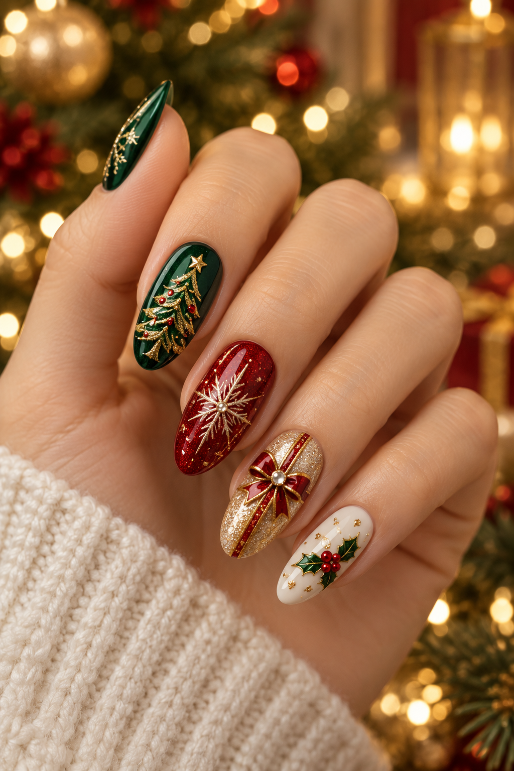 Jewel tree clusters Christmas tree nails