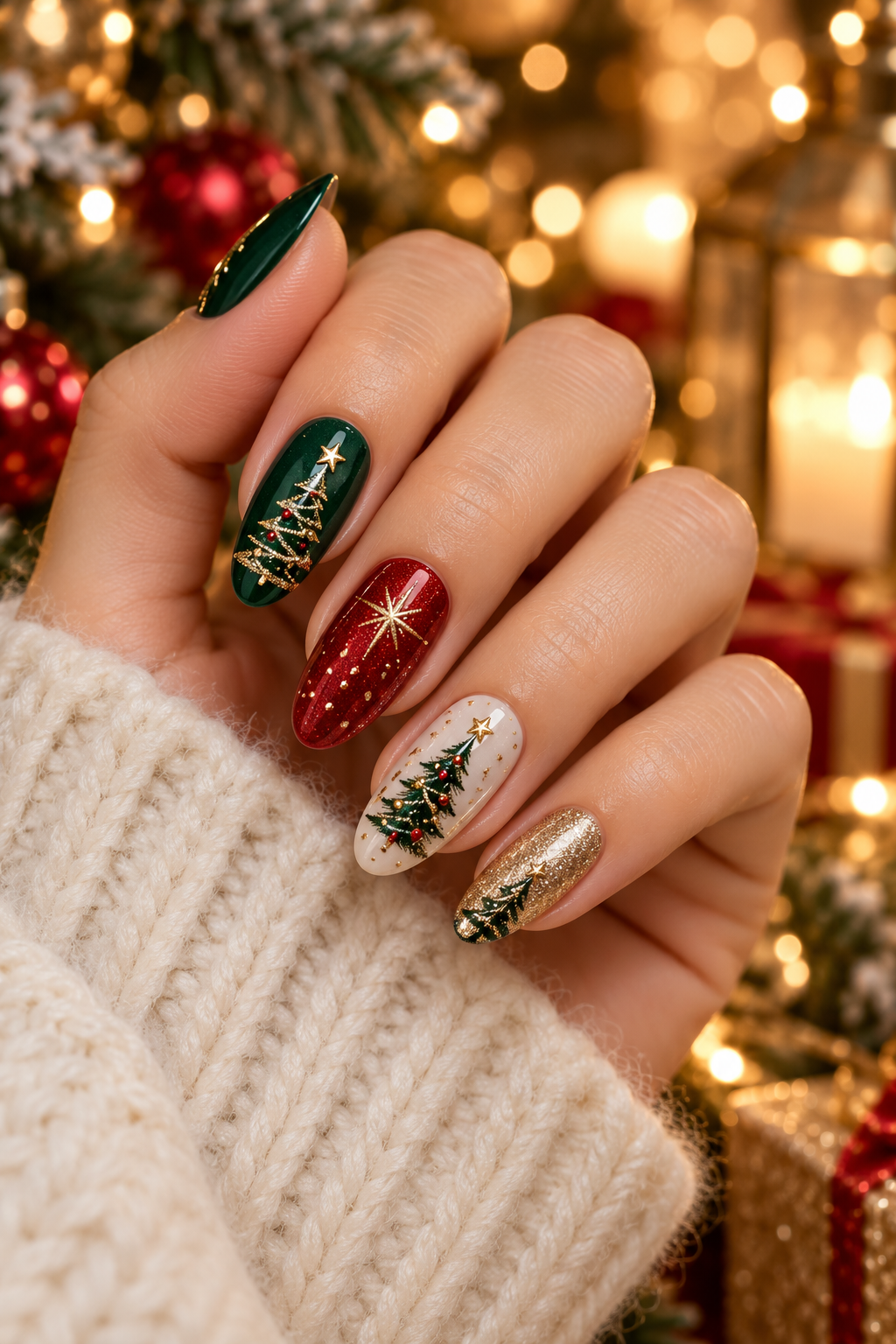 Champagne ornament nails Christmas tree nails