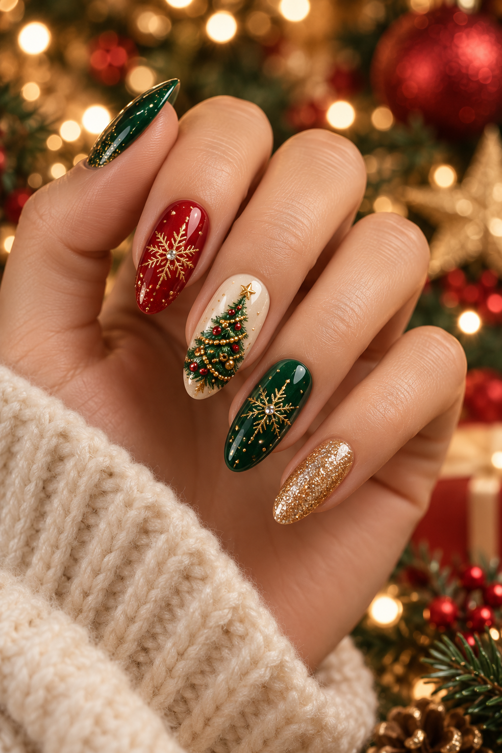 Glitter star trees Christmas tree nails