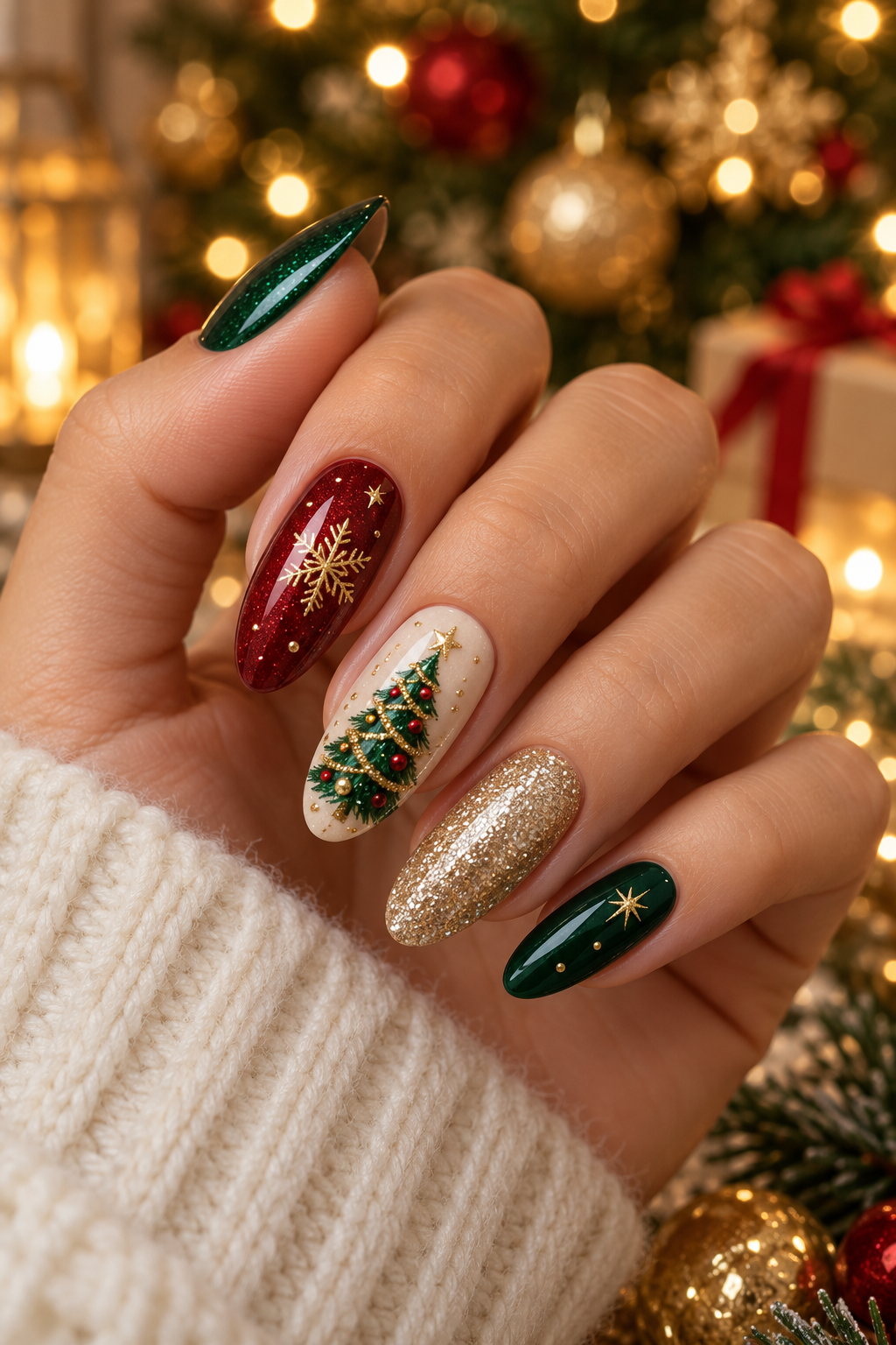 Pine-and-pearl nails Christmas tree nails