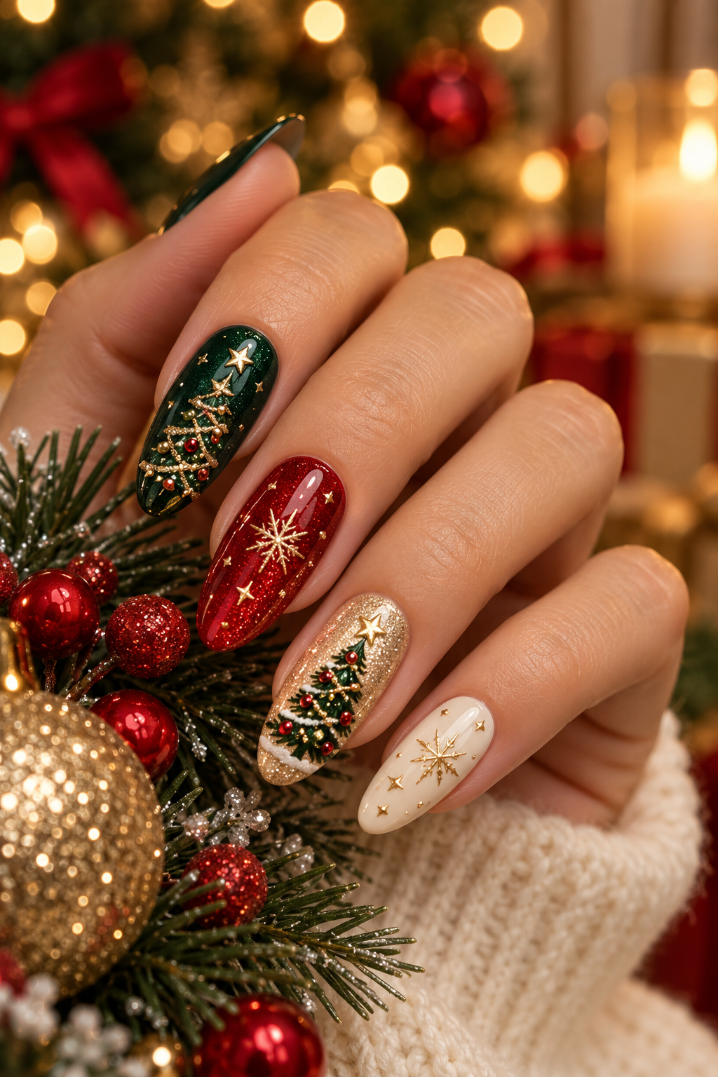 Midnight tree silhouettes Christmas tree nails