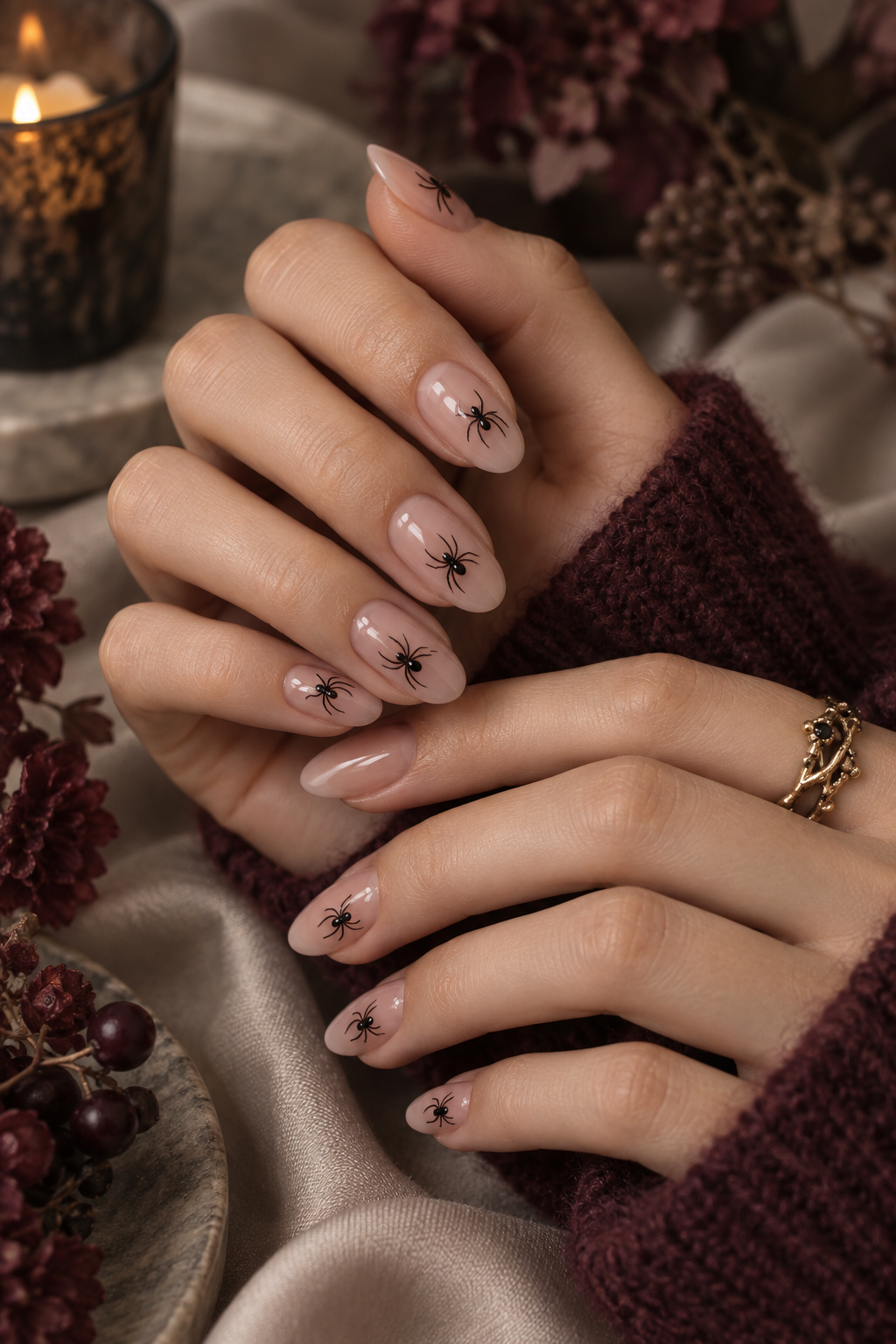 pixie hair color ideas: tiny black spiders on sheer nails