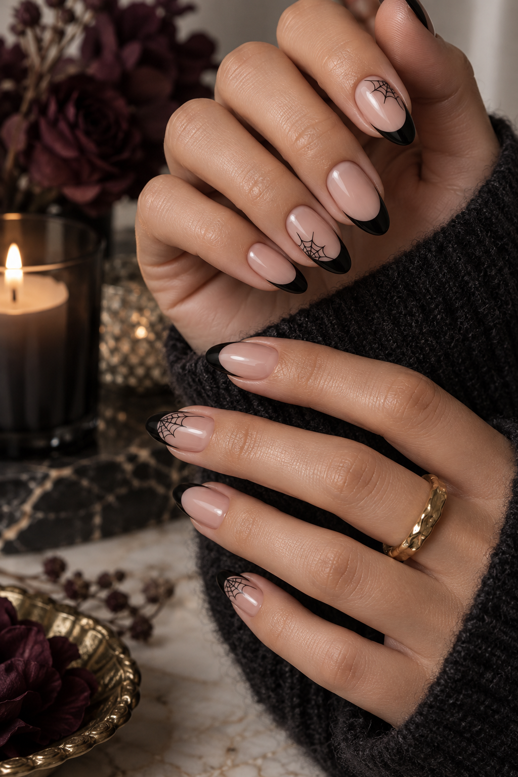pixie hair color ideas: black french tips with spiderweb corners