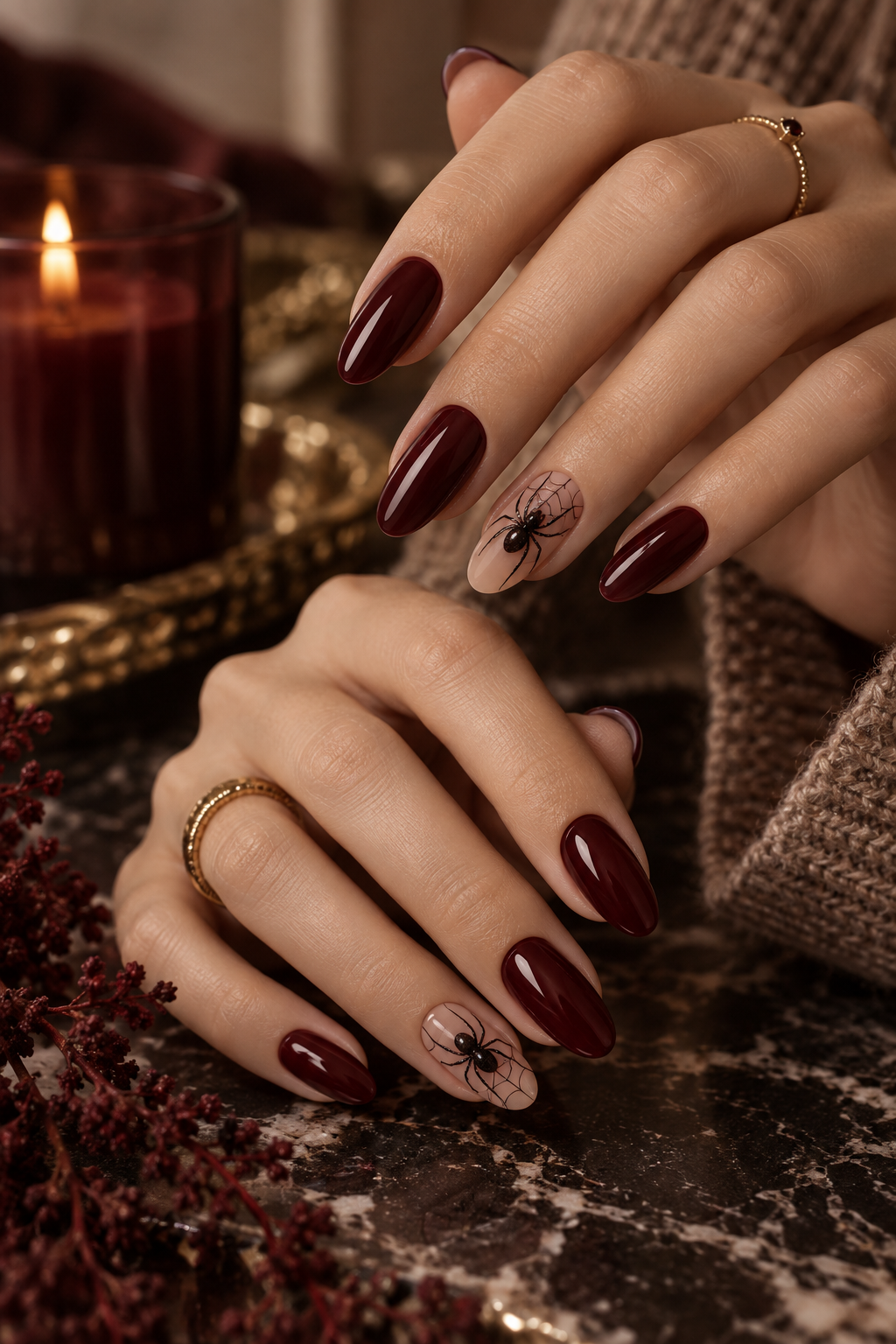 pixie hair color ideas: burgundy nails with black spiders