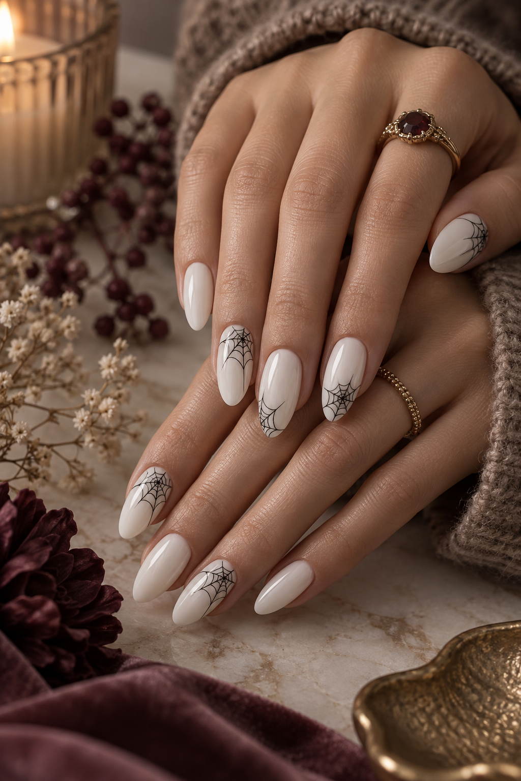 pixie hair color ideas: milky white nails with delicate black webs