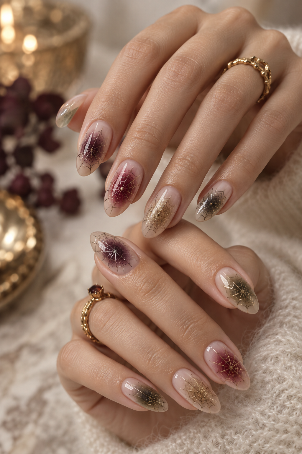 pixie hair color ideas: spiderweb aura nails