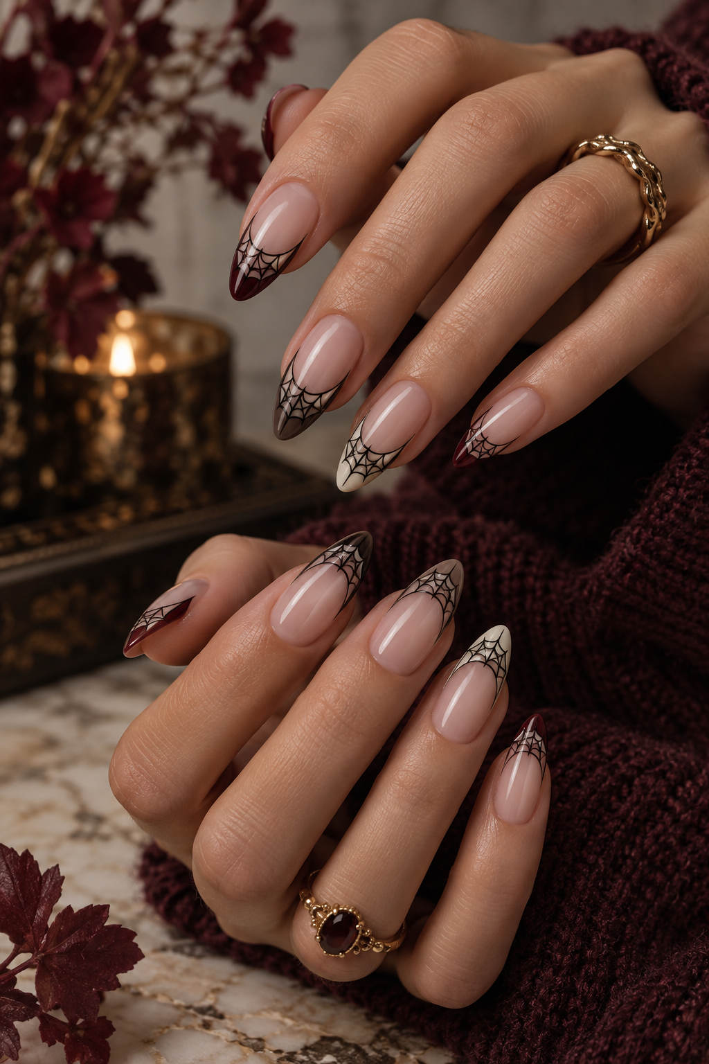 pixie hair color ideas: spiderweb french nails