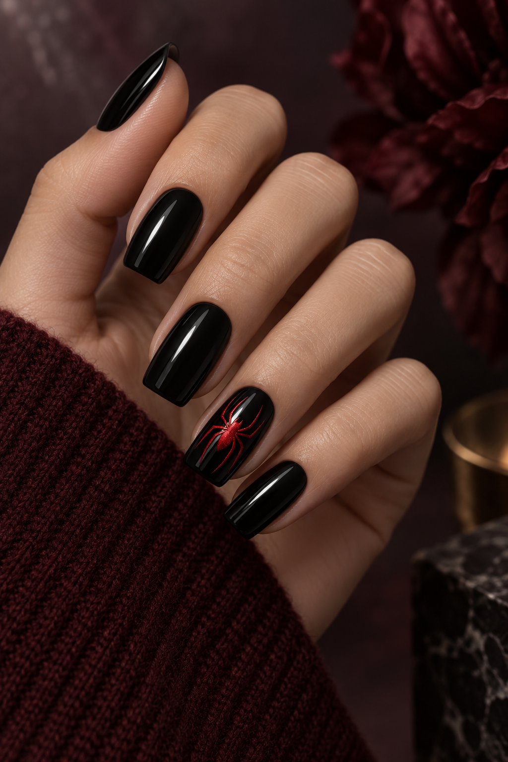 pixie hair color ideas: black nails with one red spider