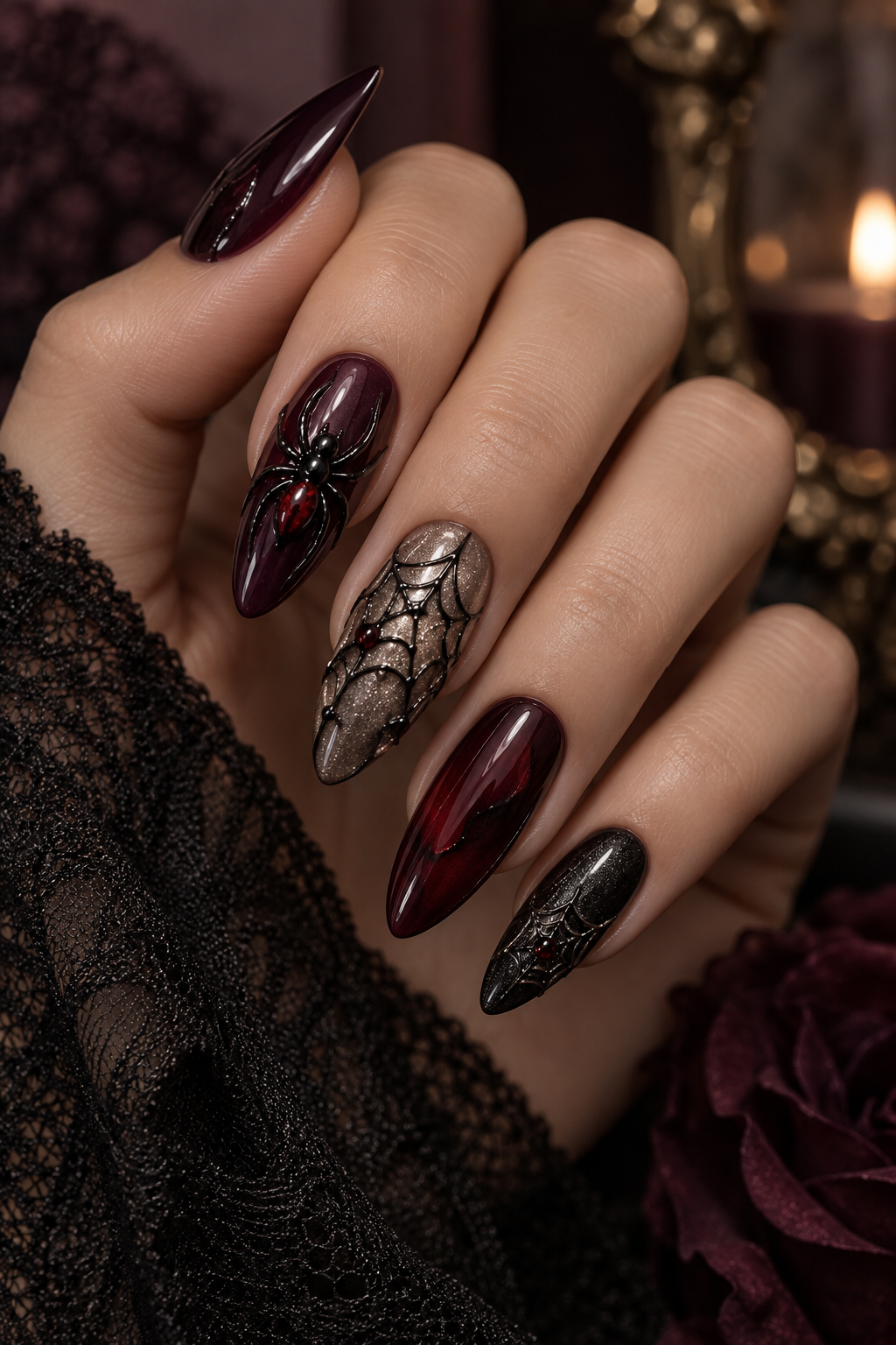 pixie hair color ideas: 3d black widow nails