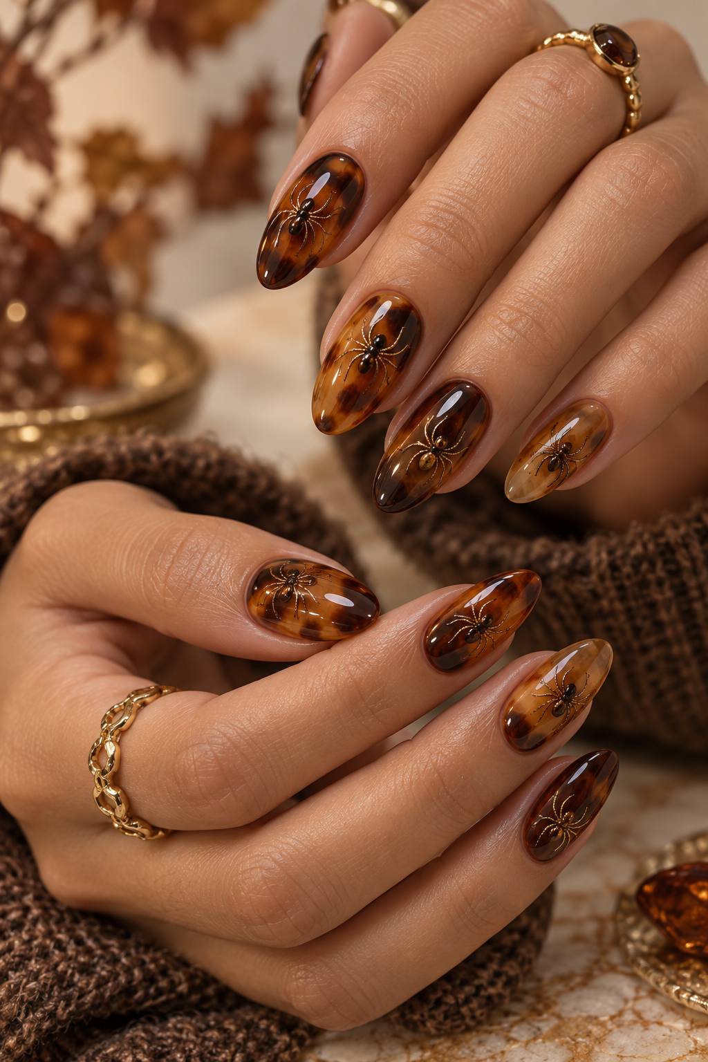 pixie hair color ideas: tortoiseshell nails with tiny spiders
