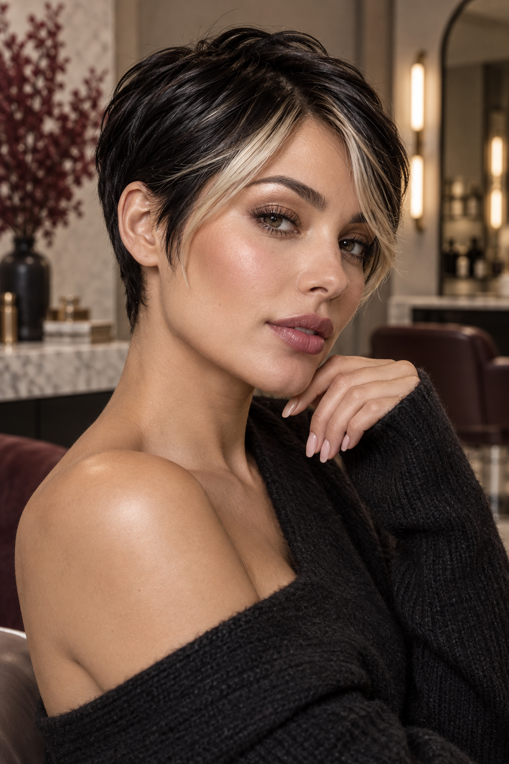 pixie hair color ideas: glossy black pixie with a soft blonde money piece