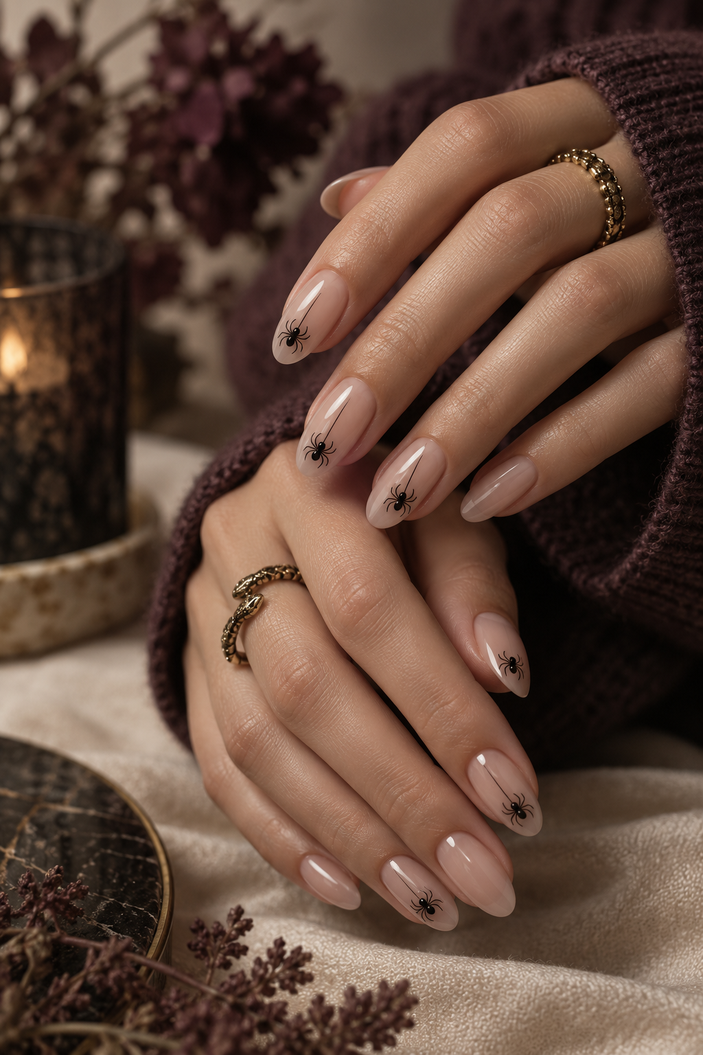 witchy halloween nails: tiny black spiders on sheer nails