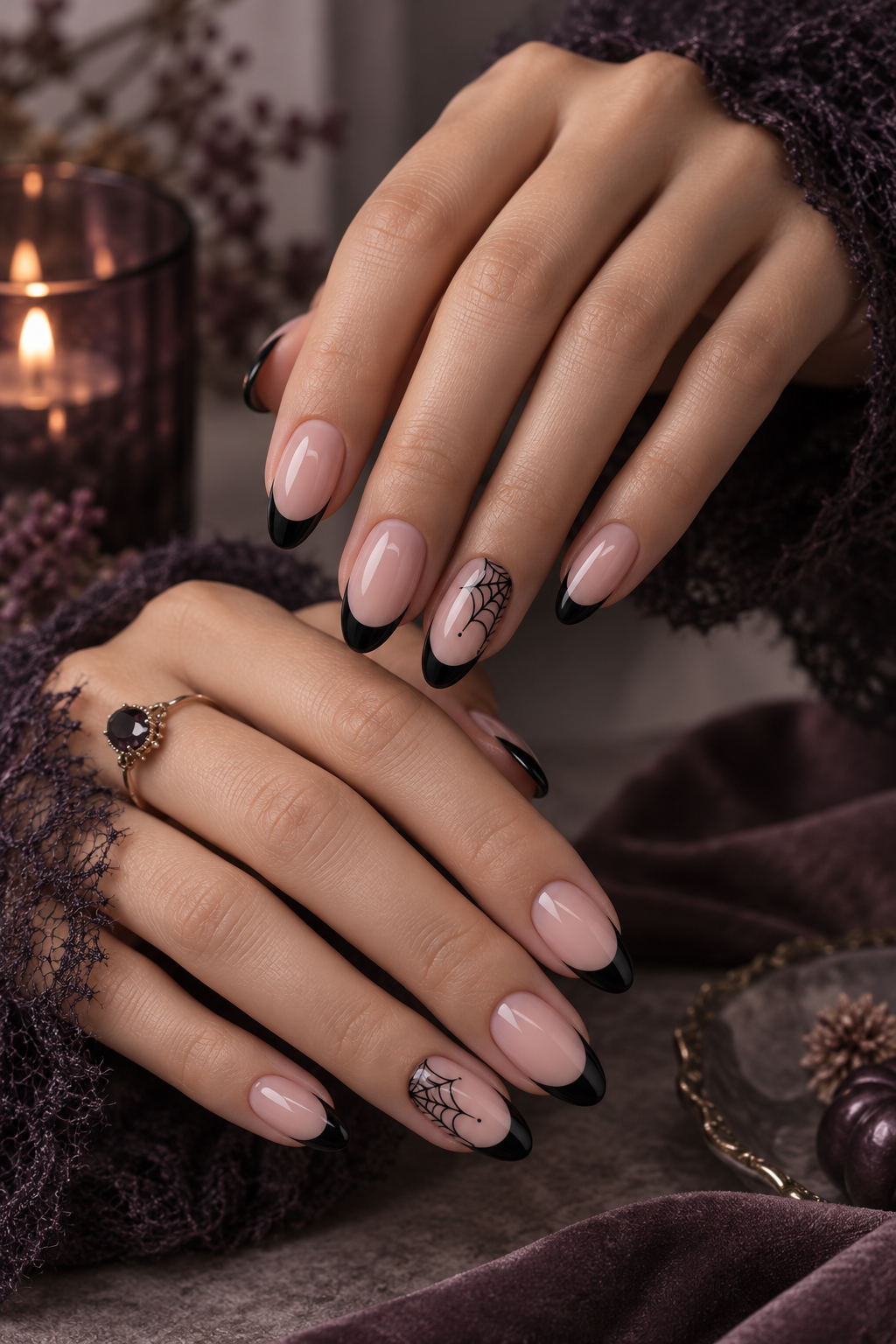 witchy halloween nails: black french tips with spiderweb corners