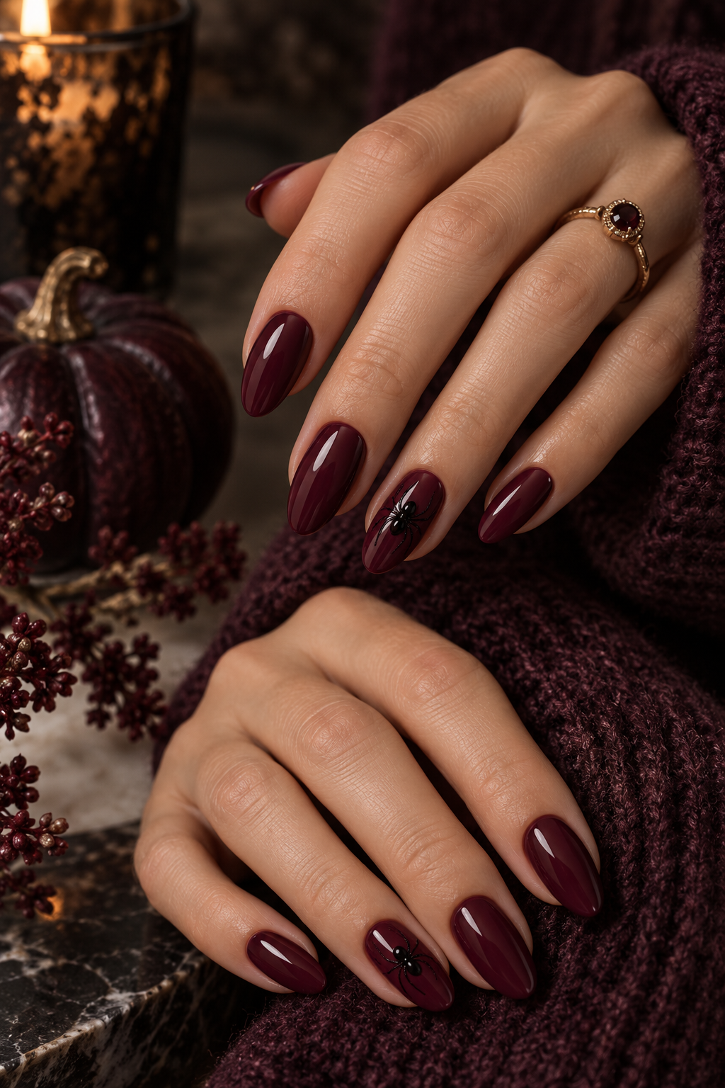 witchy halloween nails: burgundy nails with black spiders
