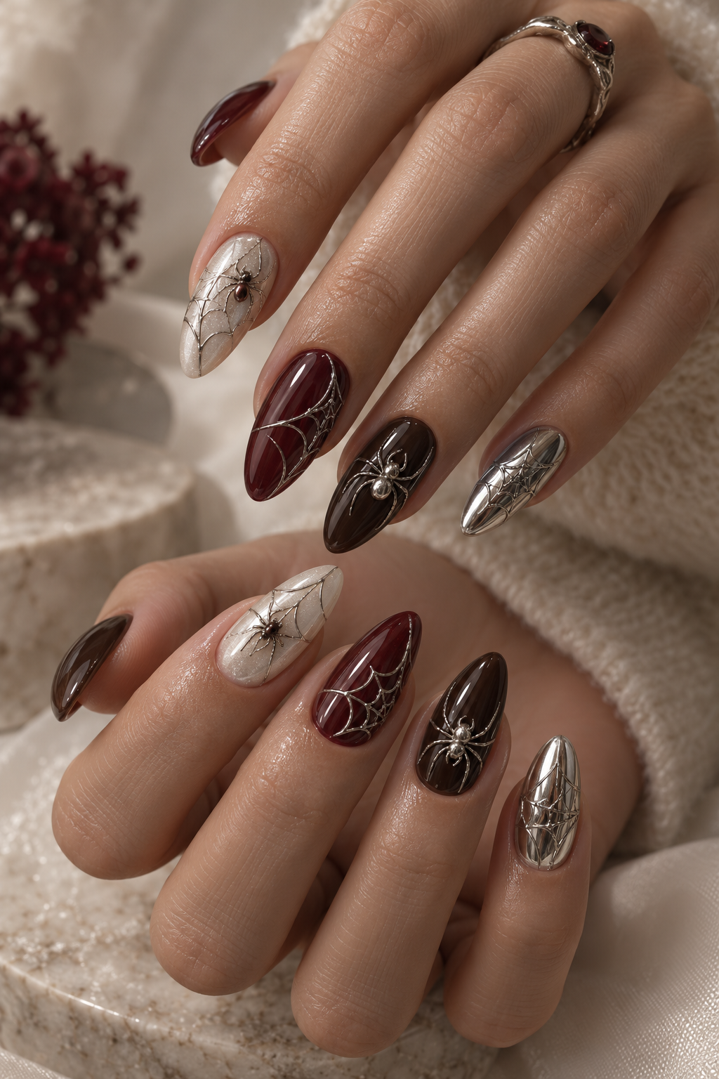 witchy halloween nails: chrome spider nails