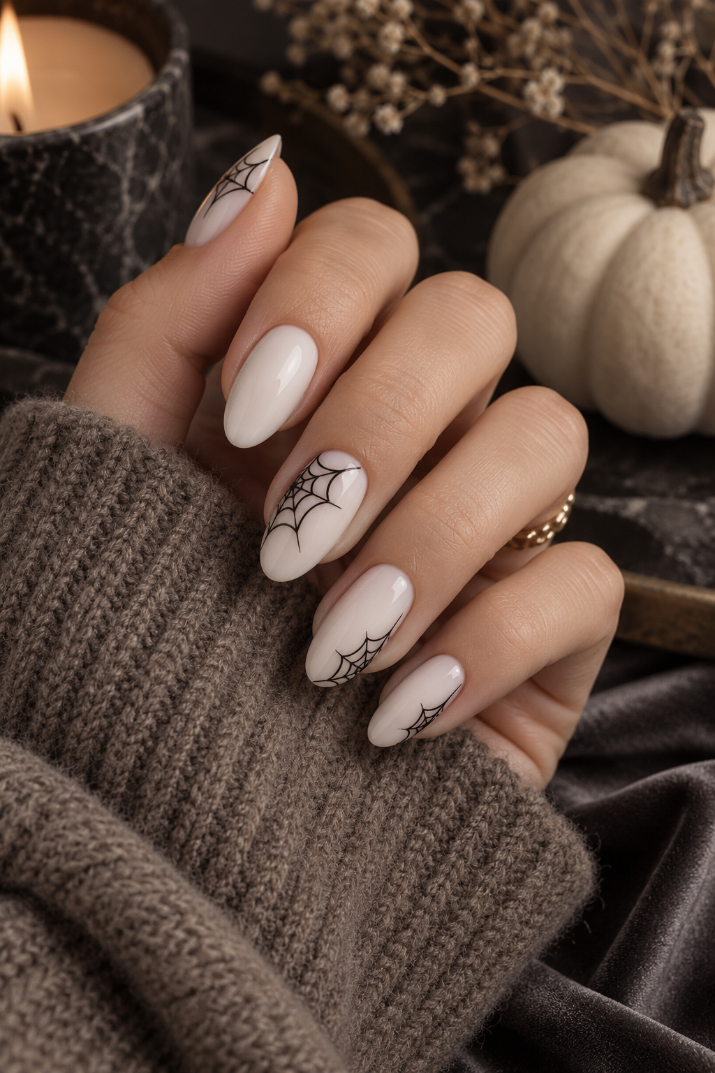 witchy halloween nails: milky white nails with delicate black webs