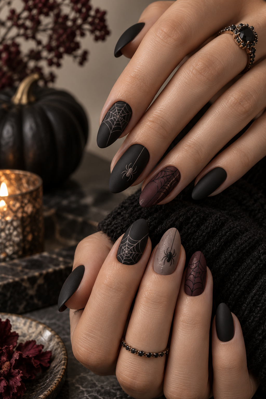 witchy halloween nails: matte black spider nails