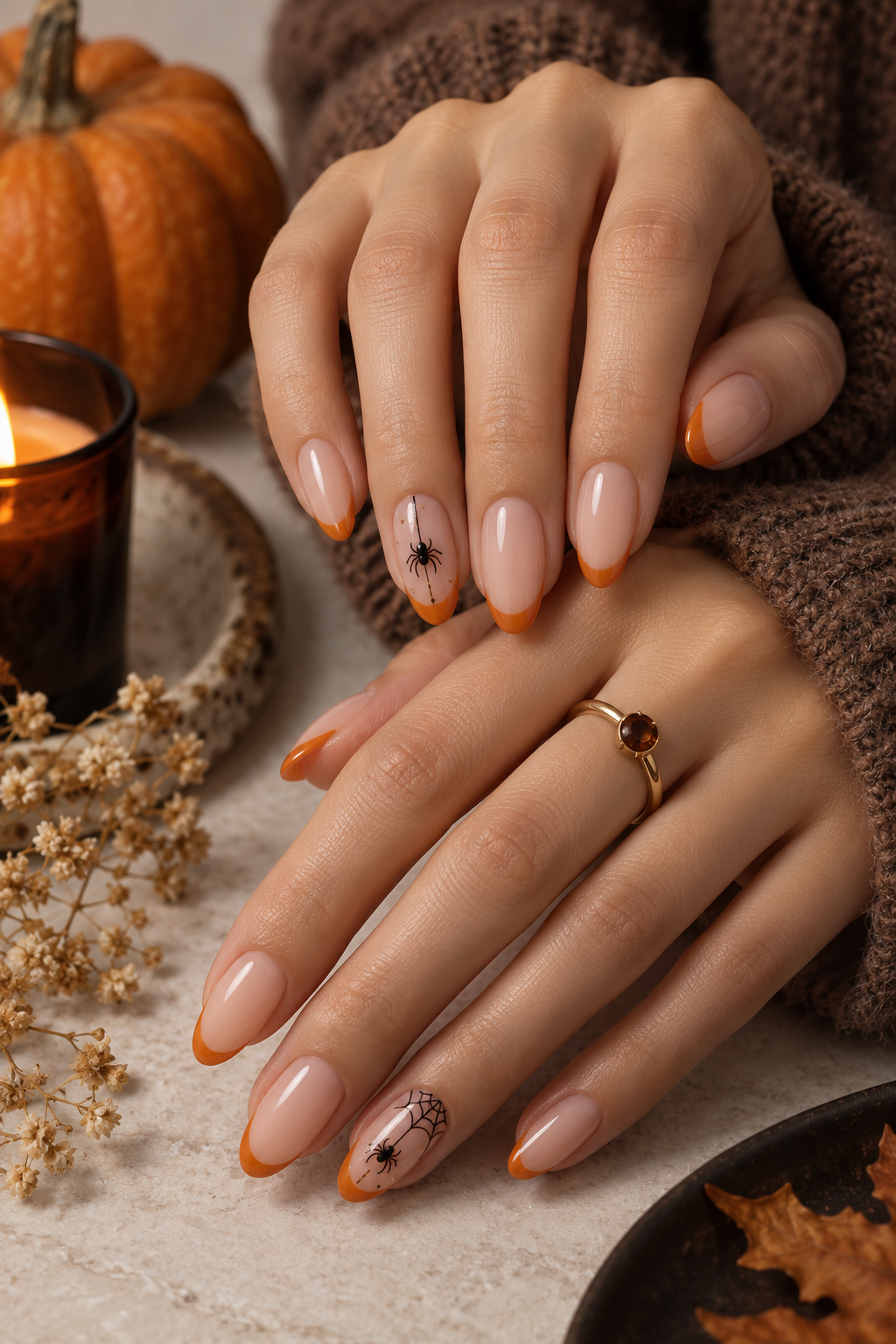 witchy halloween nails: orange micro-french with tiny spiders